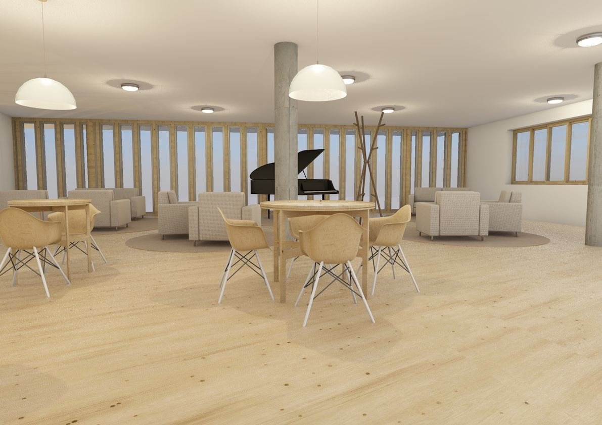 Sala de música con piano de cola, celosías de madera al fondo