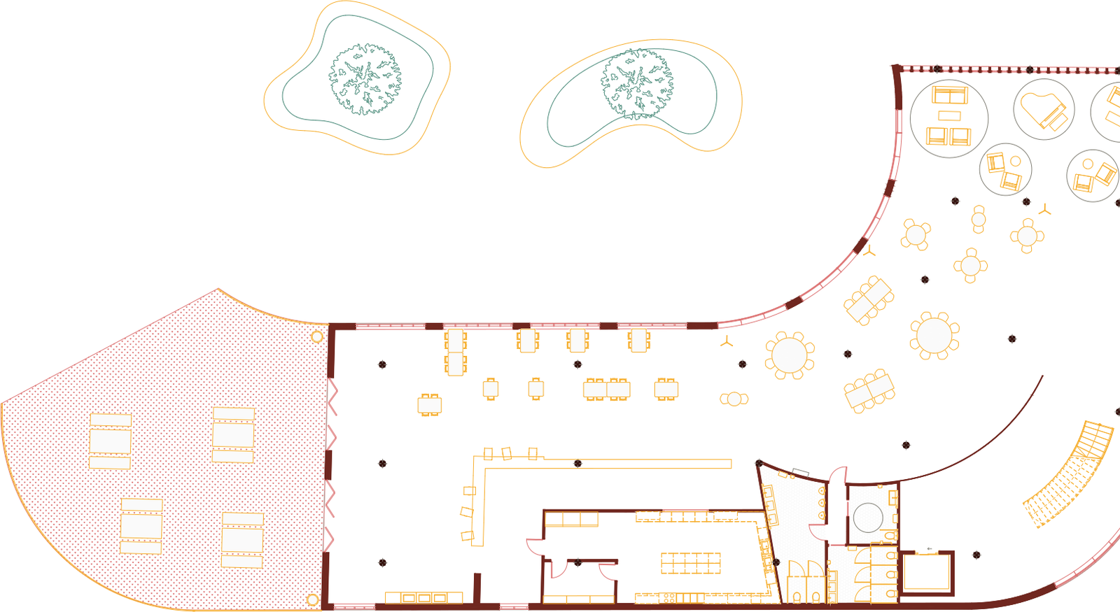 Planta con el lounge intergeneracional y su mobiliario circular