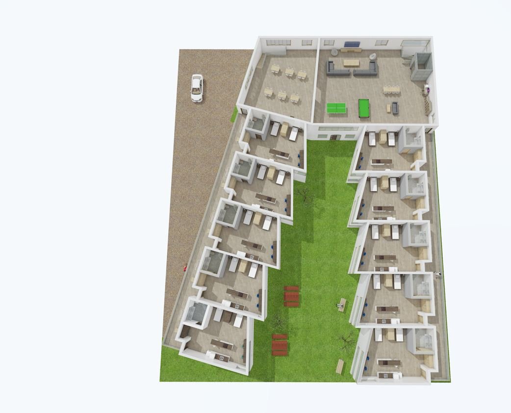 Axonométrica de planta +1: habitaciones alrededor del jardín